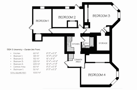 Floor plan for 4 beds, 2 baths, 1100 sqft